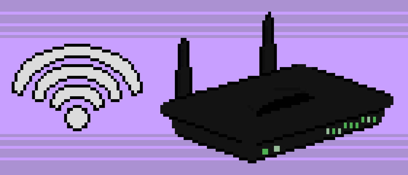 Animated pixel-art modem with blinking lights